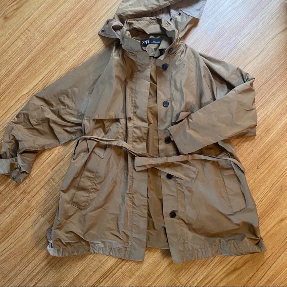 Zara Brown Button Down Tie Waist Raincoat